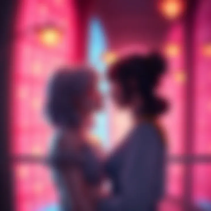 Weiss and Ruby share a heartfelt look in a colorful setting, representing love and connection in White Rose stories.