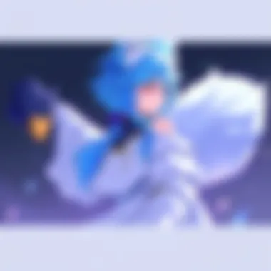 An illustration of Weiss Schnee transformed into a fox Faunus with elegant features, showcasing her blue hair and a fox-like tail, alongside a bird Faunus character