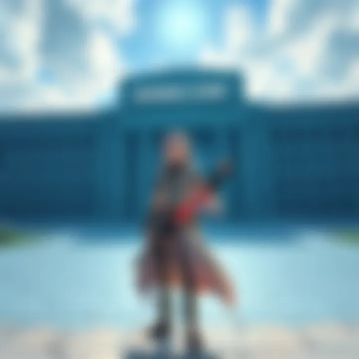 Weiss stands in front of Shinra Corp building, sword in hand, ready for an adventure.