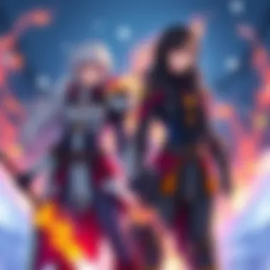 Weiss and Yang standing together, symbolizing their partnership in Freezerburn, with a backdrop of icy and fiery elements representing their powers.