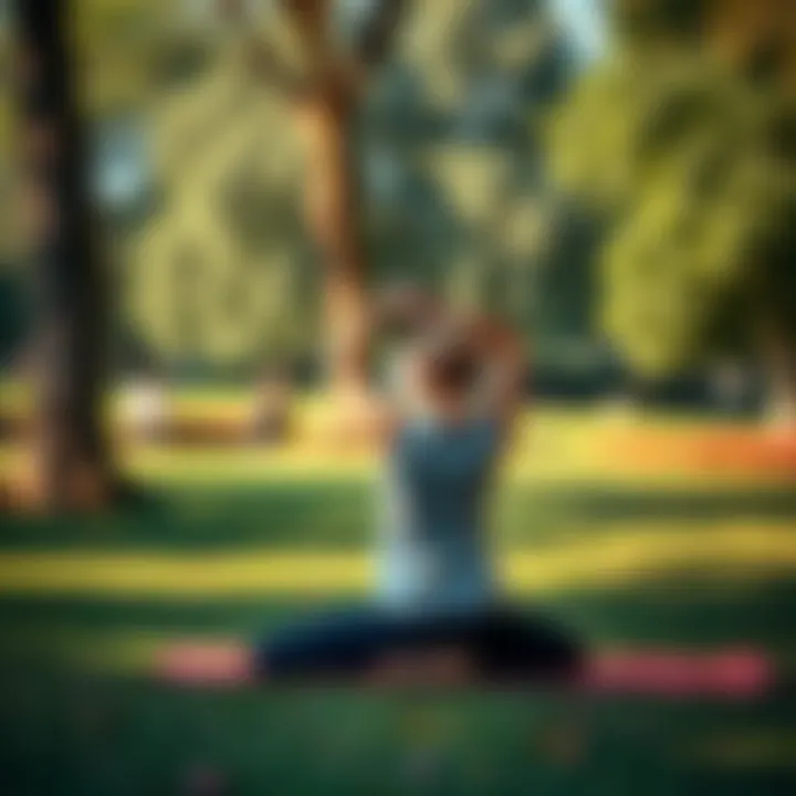 A person practicing yoga in a serene park setting, promoting wellness and self-care.