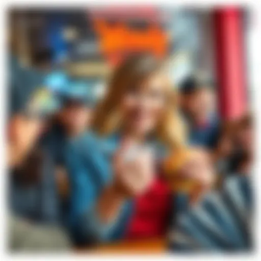 Wendy holding a burger and smiling with fans at a restaurant