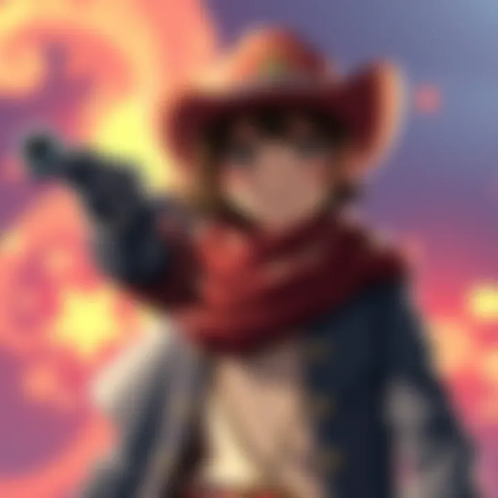 An original character named Jesse with a Western theme, showcasing unique abilities linked to One For All, set against a vibrant background.