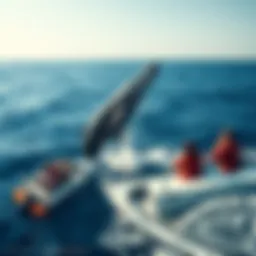 A Whale Breaching the Surface A whale leaping gracefully out of the ocean, surrounded by splashes of water as people watch in awe from a boat nearby.