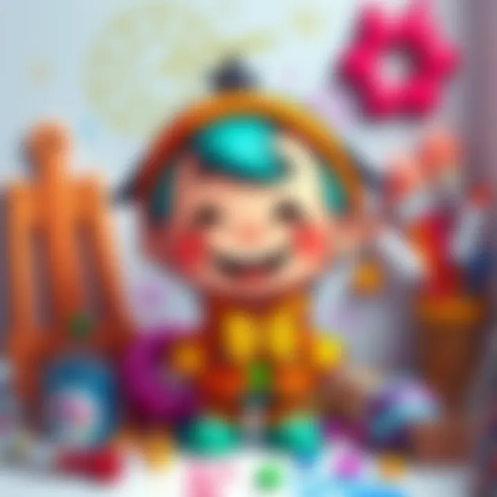 A funny cartoon character with a big smile and colorful outfit, surrounded by art supplies and playful doodles.