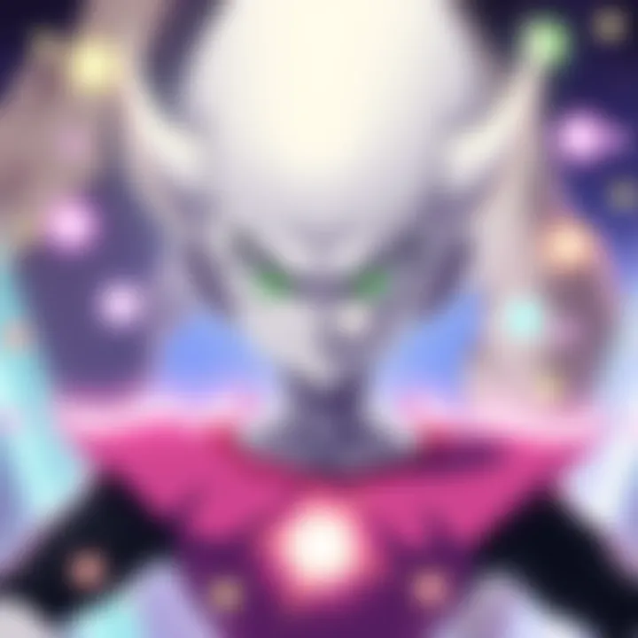 Whis character from Dragon Ball Super with a serene expression and a playful stance, surrounded by colorful energy orbs