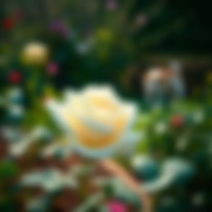 A close-up view of a beautiful White Rose standing alone in a garden with a dog looking at it from a distance, showing caution.