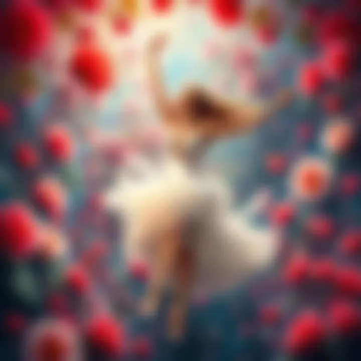 A vibrant art piece named WhiteRose Dance, showcasing graceful dancers amidst colorful flowers.