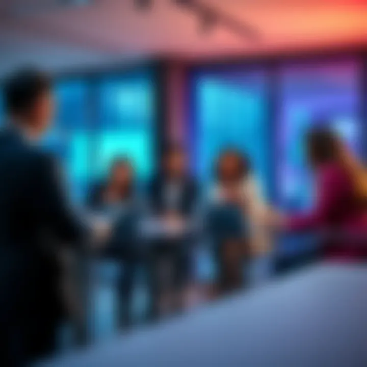 A diverse team of professionals discussing strategies in a modern office setting.