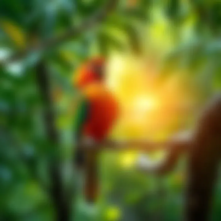 A colorful bird perched on a tree branch in a lush green forest, showcasing its vibrant feathers.