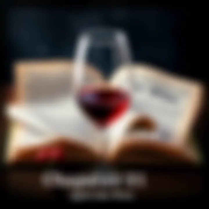A wine glass filled with deep red wine surrounded by pages of a book, reflecting character development and plot twists, symbolizing the rich storytelling in Chapter 21.
