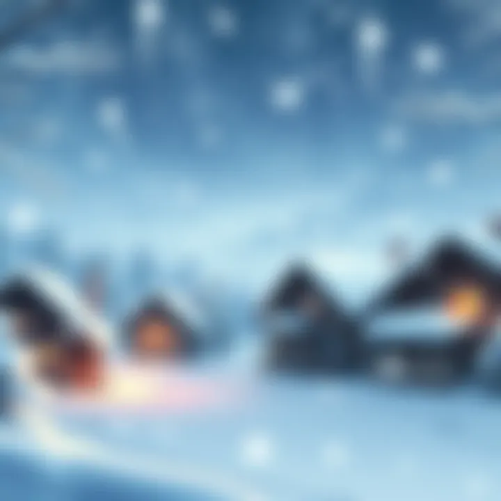 A snowy anime scene featuring cozy houses and falling snowflakes, creating a winter wonderland atmosphere.