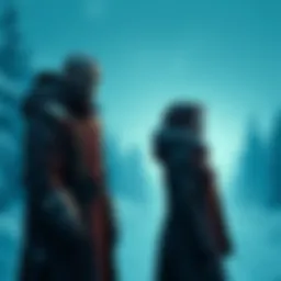 A scene showing Winter and Whitley standing silently next to each other, with a cold, wintry backdrop emphasizing their lack of communication.