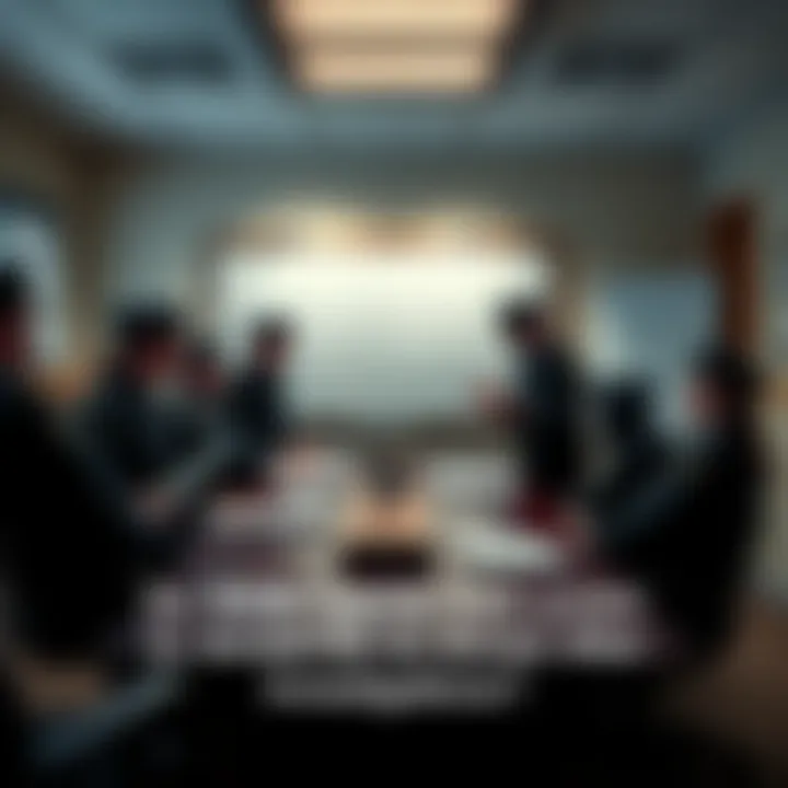 A group of WISE agents in a meeting room, debating the authority to make arrests after investigations, with documents and a whiteboard in the background.