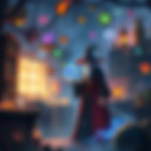 A scene showing a wizard surrounded by floating spells and a cluttered workshop, highlighting the complexity and limitations of magic.