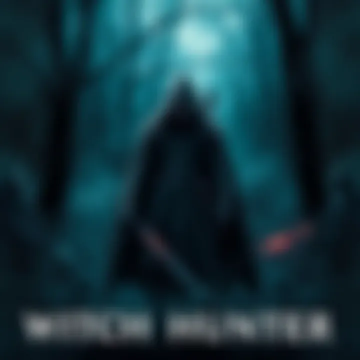 A witch hunter stands boldly in a dark forest, confronting shadowy figures and elements of magic. The atmosphere is tense, with swirling fog and ominous shadows.