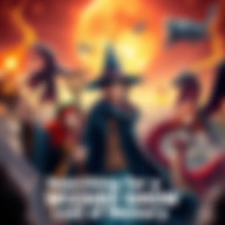 A scene featuring a wizard with a staff, a dual-personality redhead girl, and a talking dragon, set against a backdrop of airships and magical elements.