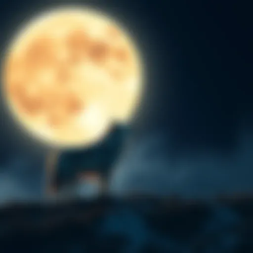 A wolf stands on a hill, looking up at a large, glowing moon in the night sky, symbolizing connection and love.