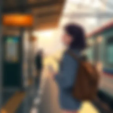 Woman starting a new adventure A woman with a backpack standing at a train station, looking excited as she prepares to begin her journey of self-discovery and independence.