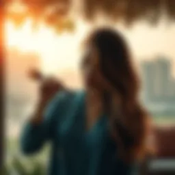 A woman gently brushes her long hair in a peaceful setting, promoting self-care and relaxation.