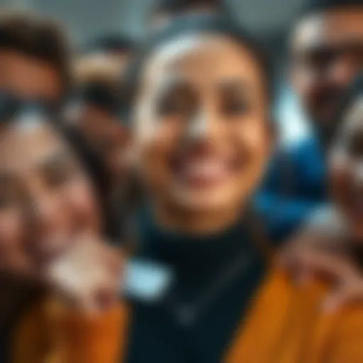 Woman with a New Name A close-up of a woman smiling, showcasing her new name tag, surrounded by supportive friends