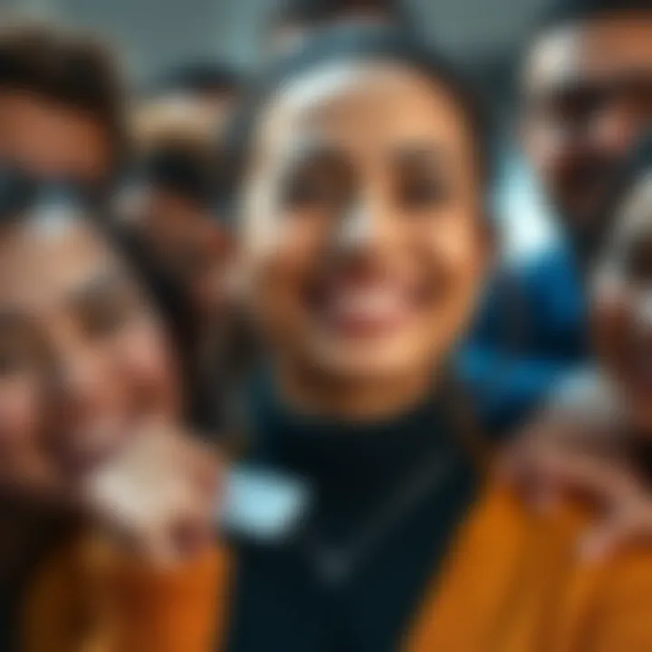 Woman with a New Name A close-up of a woman smiling, showcasing her new name tag, surrounded by supportive friends