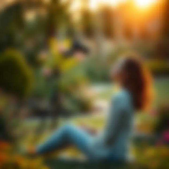 A woman sitting peacefully in a garden, filming herself with a camera, expressing her thoughts about her healing journey after a miscarriage.