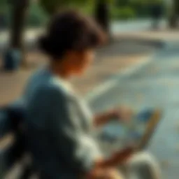 A Woman Reflecting on Memories A woman sitting on a bench, looking thoughtfully at a photo album filled with old pictures, symbolizing the journey through her memories.