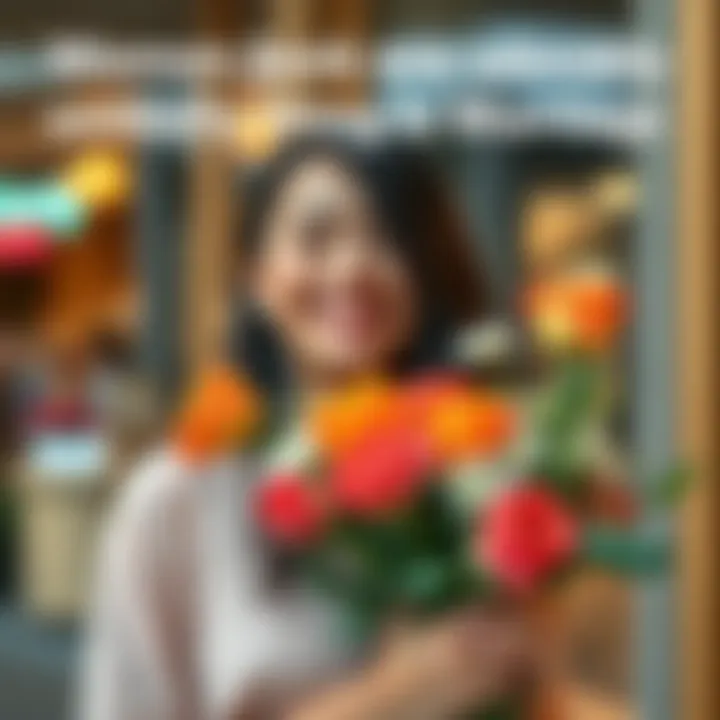 A cheerful woman holding a bouquet of flowers, with a playful expression, symbolizing love and humor in relationships.