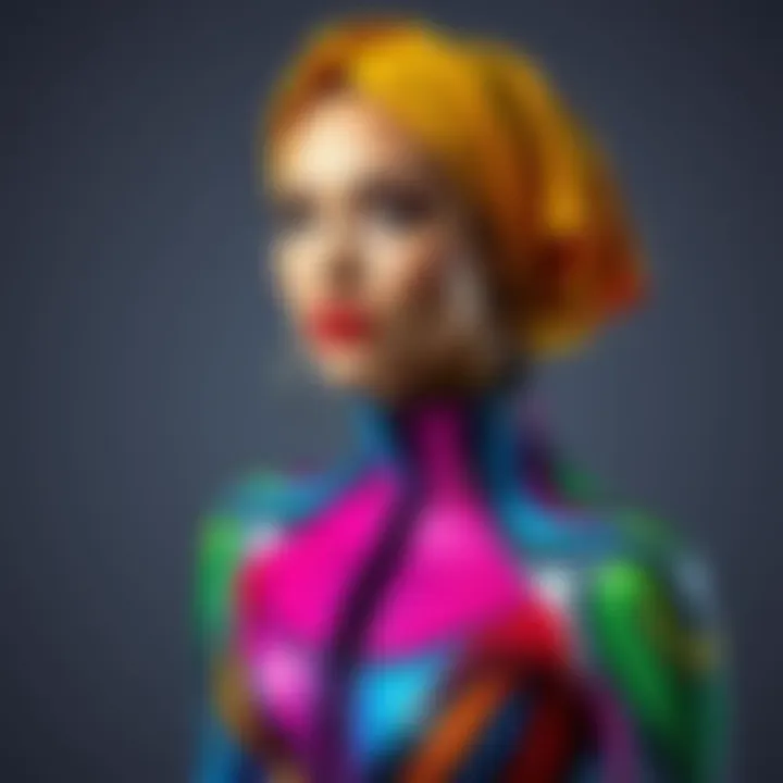 A woman in an outfit with vivid colors and no visible seams, suggesting body paint rather than traditional clothing