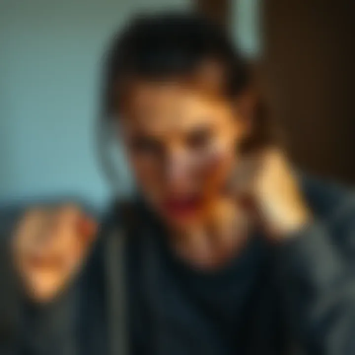 A woman, with tears in her eyes, clenches her fists in frustration while sitting alone. Her facial expression shows deep sadness and anger, highlighting her emotional turmoil.