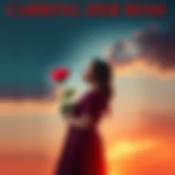 A woman stands confidently, holding a blooming rose, symbolizing strength and hope amid challenges.