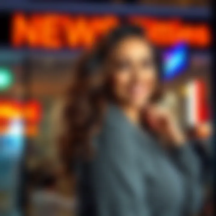 A confident woman poses playfully, highlighting her curves with a playful smile, symbolizing body positivity and self-acceptance.