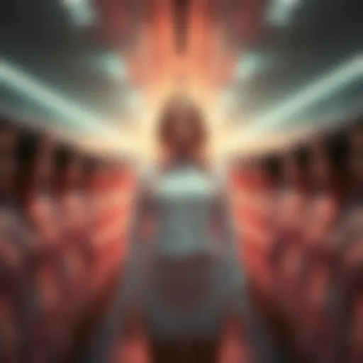 A woman appears to multiply as she stands in a room filled with her clones, reflecting the trend of rapid reproduction in culture.