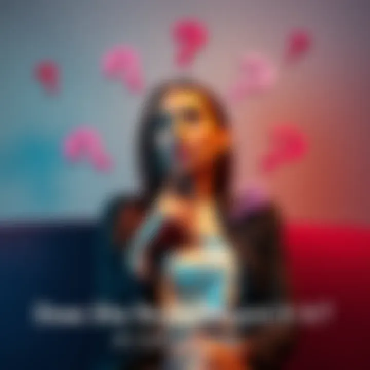 A woman sits with a thoughtful expression, surrounded by question marks, signifying uncertainty in communication.