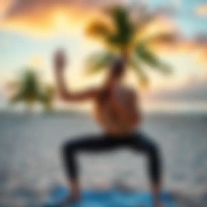 Woman Training on an Island A woman practicing yoga on a beach with palm trees, symbolizing personal growth and change