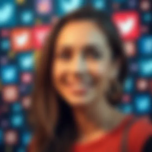 A woman smiling and looking at the camera, with a background of social media icons, representing online buzz.