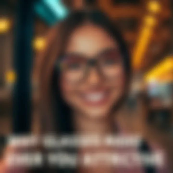 Woman wearing stylish glasses A woman with long hair smiling while wearing fashionable glasses, showcasing her charm