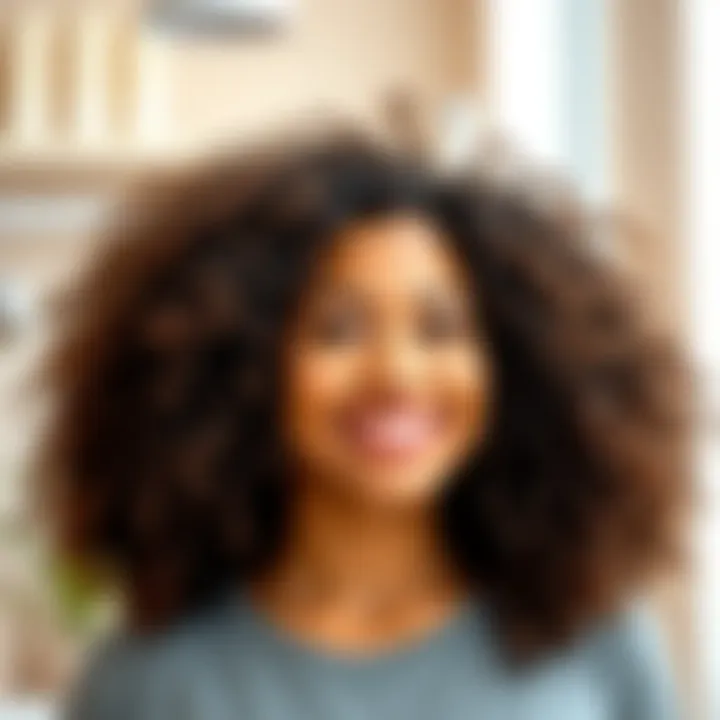 A woman with defined and healthy curls stands smiling in a bright room, showcasing her well-maintained hair texture.