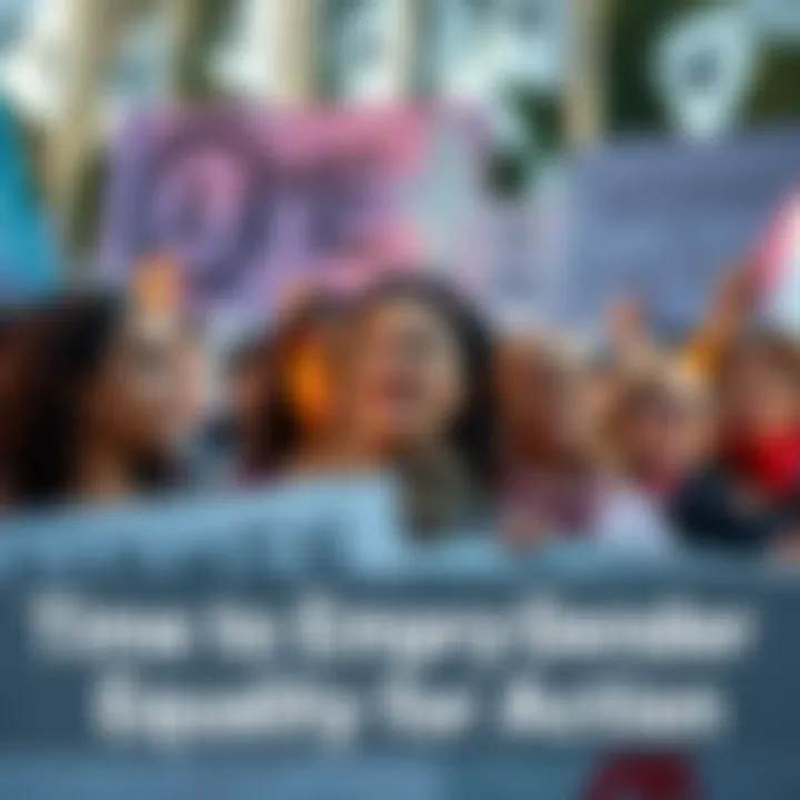 A diverse group of women rallying together, holding signs that promote gender equality and empowerment.