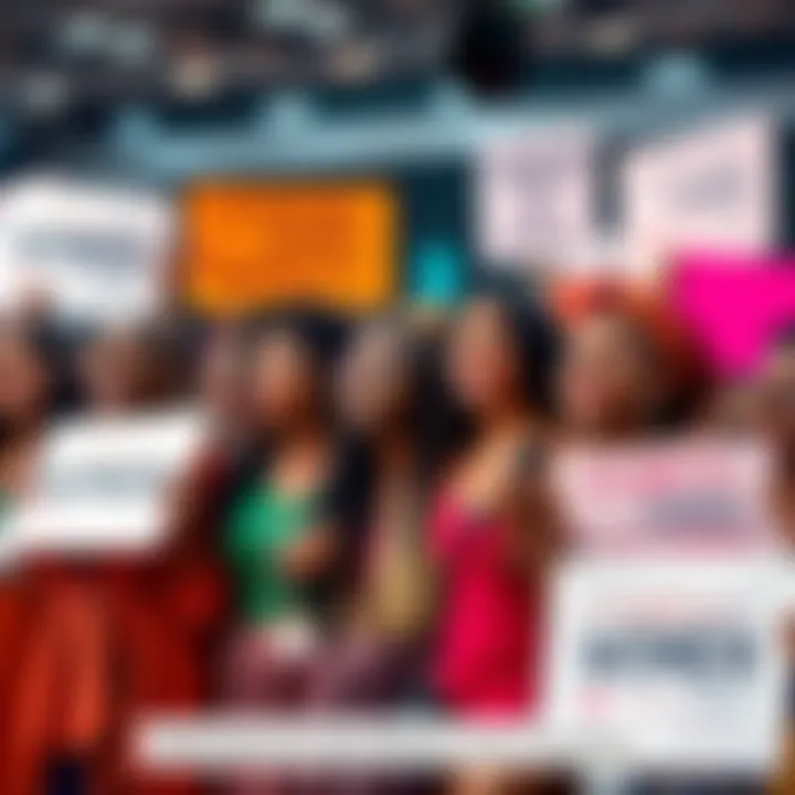 A diverse group of women holding signs promoting equality and empowerment during International Women’s Day celebration.