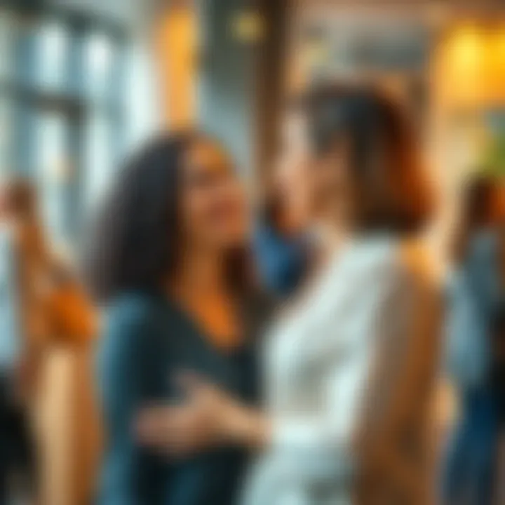 Two women smiling and embracing each other with warm greetings in a friendly setting
