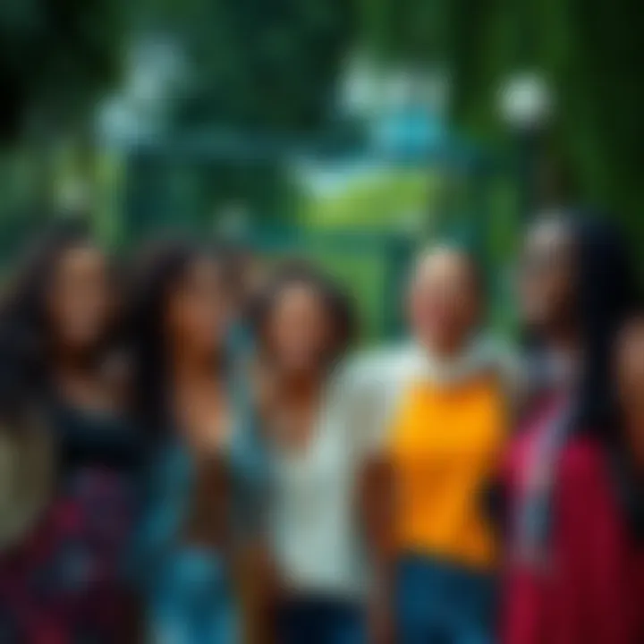 A diverse group of women smiling together in a park, showcasing friendship and community.