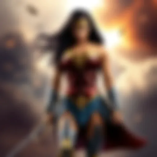 Wonder Woman standing confidently in a battle stance, showcasing her strength and determination, with her iconic armor and lasso visible.