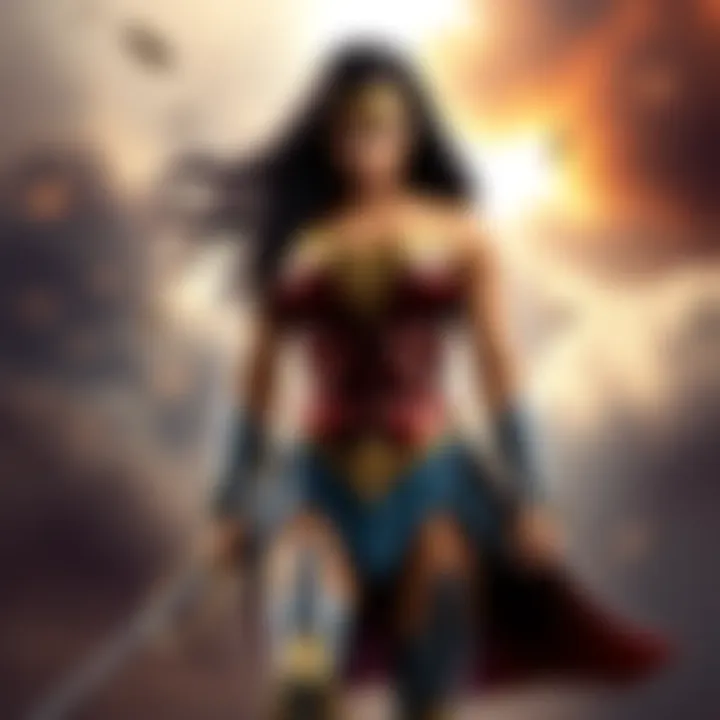 Wonder Woman standing confidently in a battle stance, showcasing her strength and determination, with her iconic armor and lasso visible.