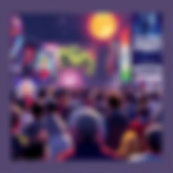 A crowd of fans eagerly discussing new figures at Wonderfest 2025, with banners showcasing popular characters in the background.