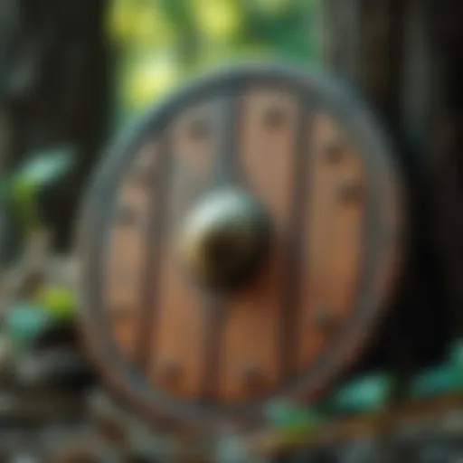 A close-up of a beautifully crafted wooden shield, showcasing the rich texture and color of Adam Tree wood, surrounded by natural elements.