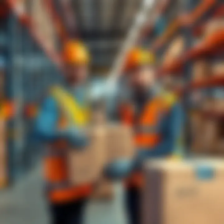 Two warehouse workers carefully handling boxes while wearing safety gear and following protocols