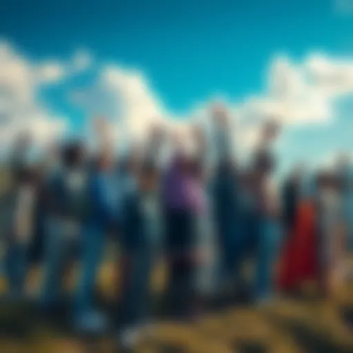 A diverse group of people standing together, expressing unity and freedom without labels, surrounded by nature.