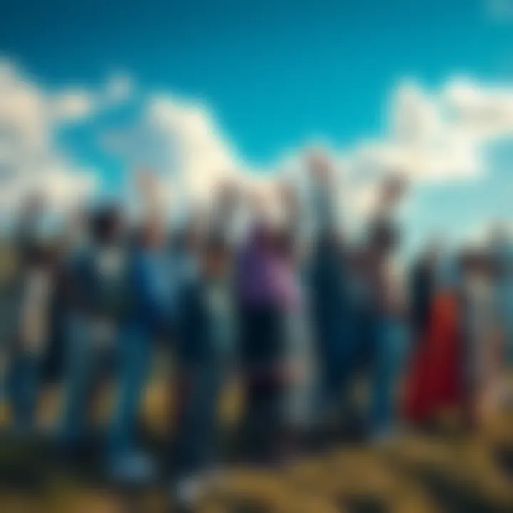 A diverse group of people standing together, expressing unity and freedom without labels, surrounded by nature.